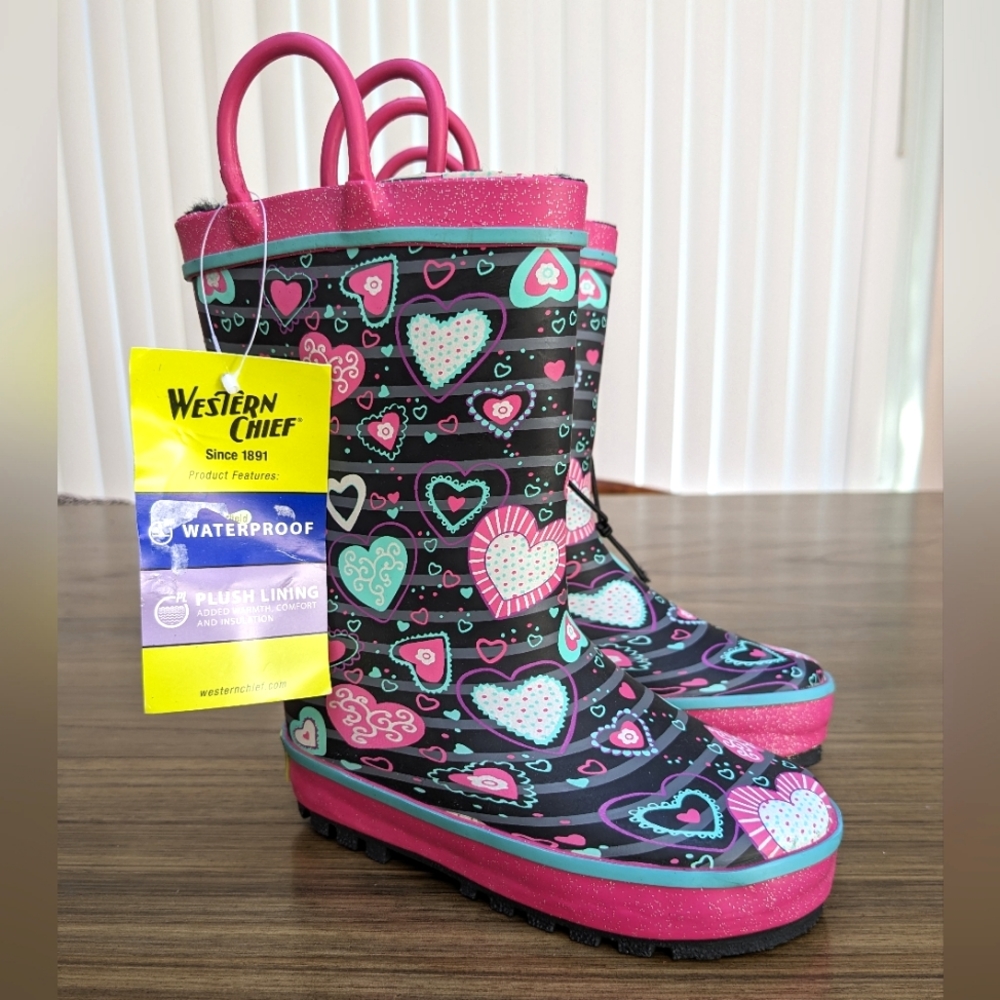 NWT Western Chief Pink Glitter Hearts Fleece Lined Rainboots Kids Size 8